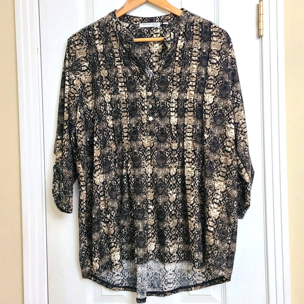Notations Woman Animal Snakeskin Roll Tab Sleeve Pleated Flowy Tunic Top Size 2X